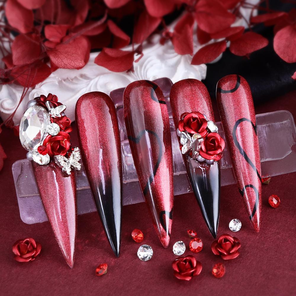 1pc Red 3D Alloy Rose Flower Nail Rhinestone Decoration Mix Simulation Pearls Charms Nail Accessories Valentine Manicure Supplies