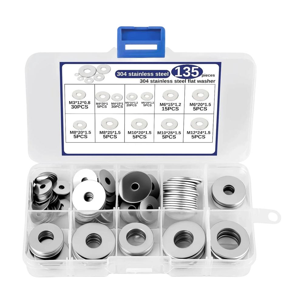 Metal Washers 135 Pieces 304 Stainless Steel 12 Sizes to for Enhanced Stability and Vibration Resistance in Assembly Work
