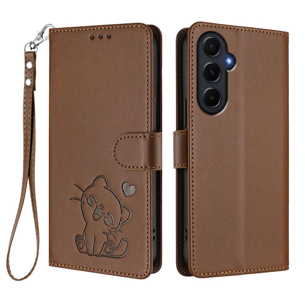 Für Samsung Galaxy A55 5G Brieftasche Hülle mit Handschlaufe Love Cat Muster Prägung Leder Handyhülle