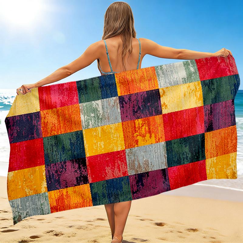 1Pc Abstract Colorful Squares Rug Beach Towel, Quick Dry, Multi-Use for Beach Pool Gym Yoga Home Travel, Christmas, Halloween, Xmas Gift M928269