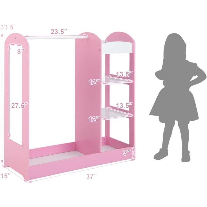 GINGER HOME – Portant enfant avec miroir, penderie ouverte avec étagères et tringle, rose, 94×38×100 cm