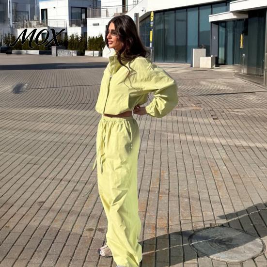 Women Casual Jacket Sets Pants Set for Fall, Stand Collar Zip-Up & Drawstring Loose Fit Clothing Waist Wide Leg Pants, Two Piece Matching Suit