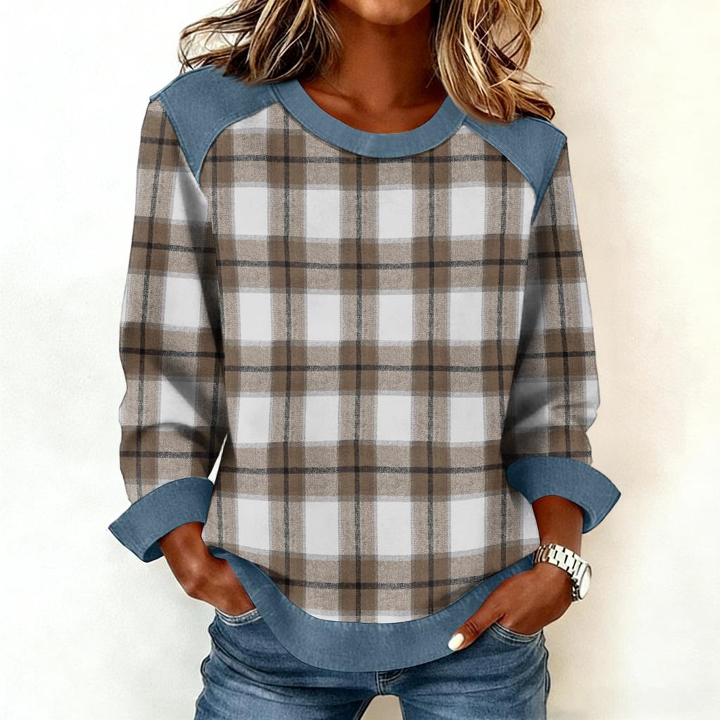 Damen Jeanskragen Patchwork Nähte Sweatshirt Lässig Pullover Langarmshirts