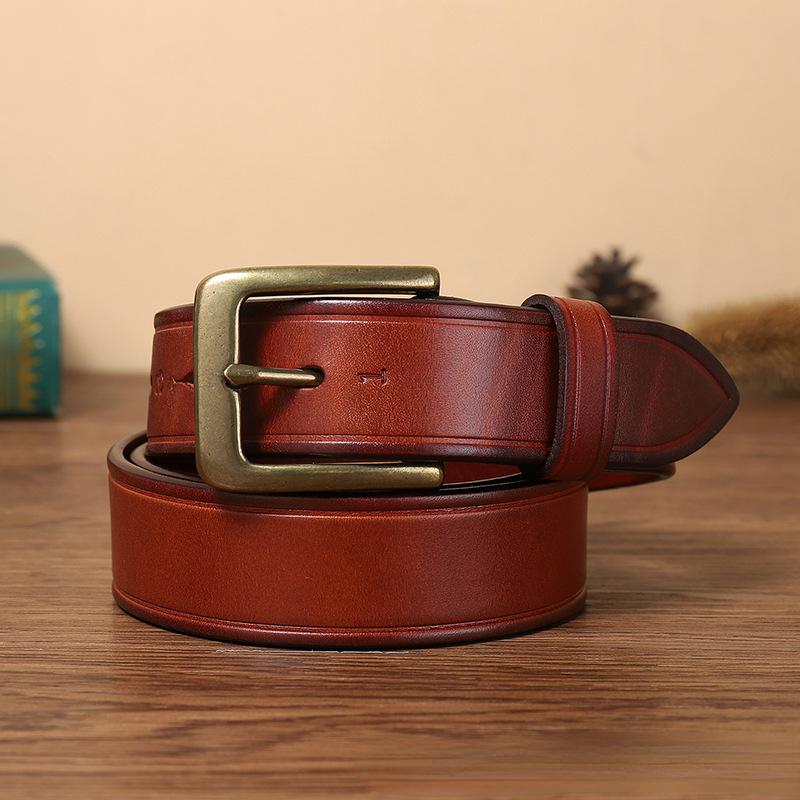 Belt Men's Retro Hand-Rub Color Distressed Pure Cowhide Leather Pin Buckle Fashion Trendy Korean Style Brass Buckle Belt