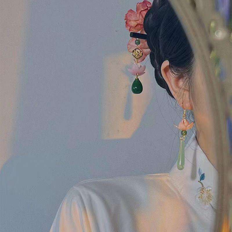 New Chinese Lotus Water Drop Pendent Long Delicate Tassel Dangle National Luxury Earring for Women Jewelry Gift