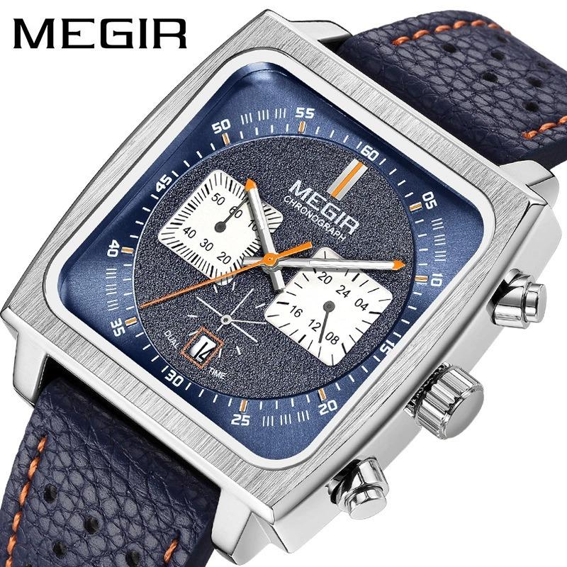 Megir Quadratisches Zifferblatt, Chronograph, Quarzuhren für Herren, modisches blaues Lederarmband, lässige Sport-Armbanduhr mit Datum 24 Stunden 2182