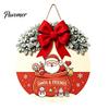 Indoor Outdoor Porch Ornament Christmas Wooden Welcome Sign for Front Door, Round Hanging with Handmade Craft Artificial Pine Branches & Bow