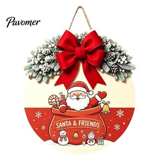 Indoor Outdoor Porch Ornament Christmas Wooden Welcome Sign for Front Door, Round Hanging with Handmade Craft Artificial Pine Branches & Bow