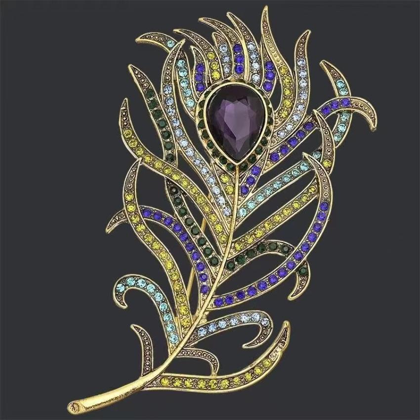 Metal Fashionable Brooch with Diamond Embellishments Retro Feather Shaped Brooch Fashionable QipaoScarf Accessories Jewel Brooch