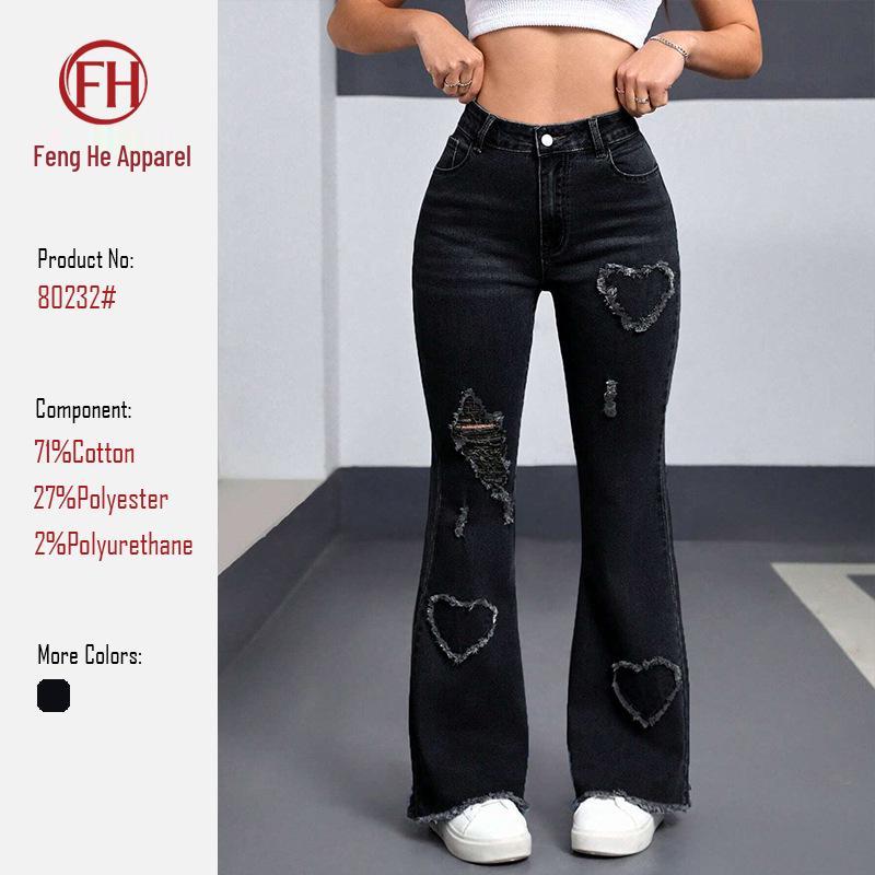 

2026 New Women s High Waist Micro Flare Jeans with Heart Pattern & Ripped Design XL чёрный