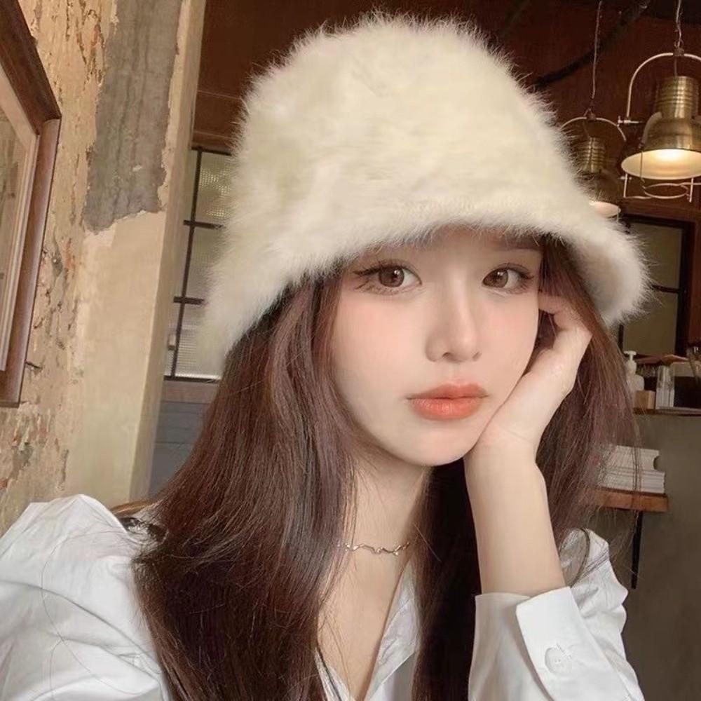 Thicken Plush Fluffy Fisherman Cap Imitation Rabbit Fur Basin Caps Fashion Bucket Hat