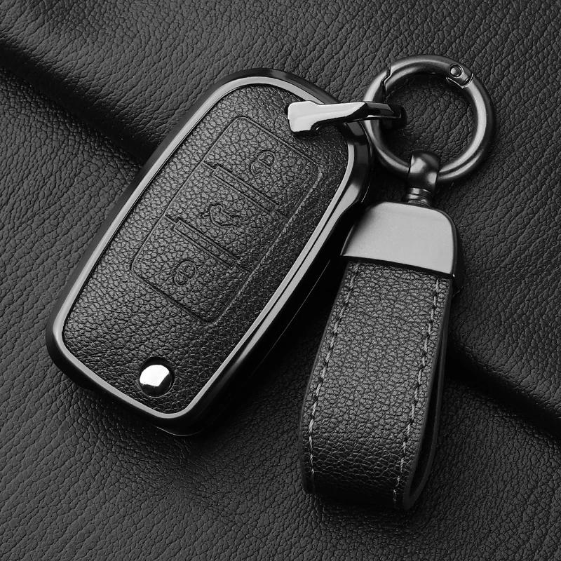 Metal And Leather 3 Button Car Key Case Cove For Vw Volkswagen Beetle Caddy Eos Golf Jetta Polo Scirocco Tiguan Touran Up