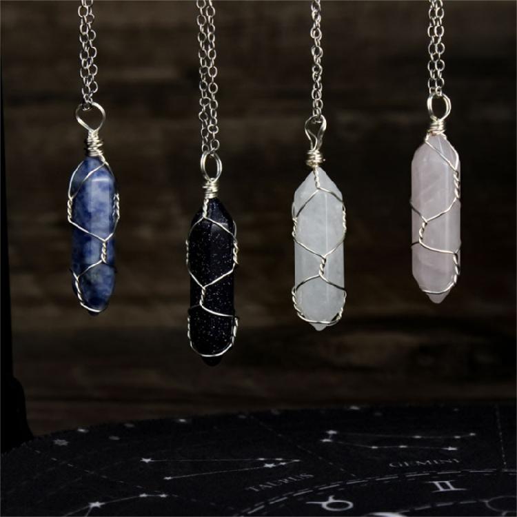 Winding Wire Stone Pendant Necklace Pointed Healing Crystals Necklace Jewelry