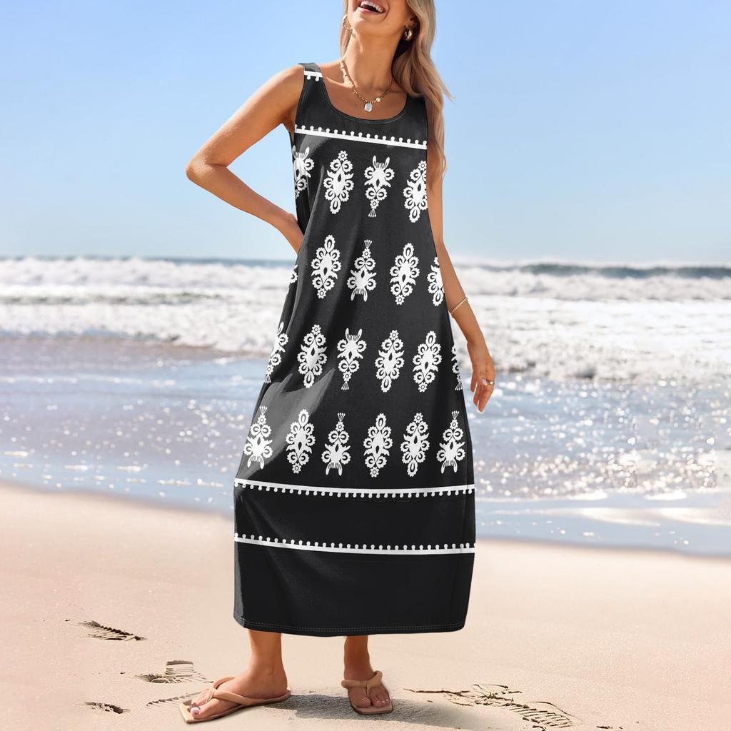 Women's Casual Long-length Sundress Summer Beach Printing Dress Round Neck Sleeveless Loose Sundress