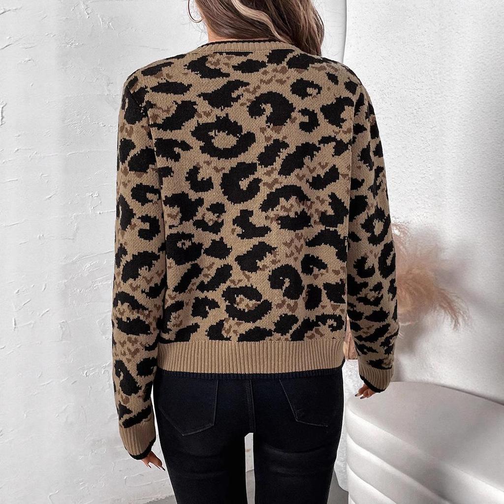 Leopard Print Bow Tie Lace-up Knit Cardigan Sweater for Women - Autumn/Winter 2026 Collection