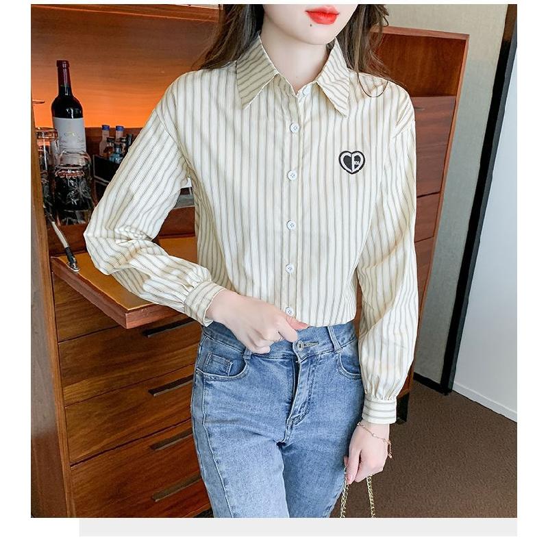 2026 New Women's Embroidered Cotton Shirt, Fashionable and Youthful Striped Long Sleeve Blouse