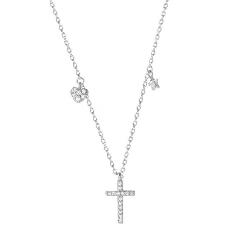 

S925 Sterling Silver Cross Necklace for Women , Fashion Trendy Design with Diamond Inlay , Adjustable Chain 41 - 50cm 925 silver белый
