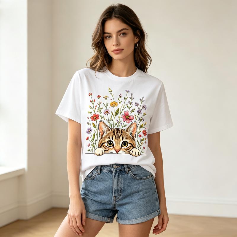 Cute Floral Cat Unisex Cotton T Shirt Peeking Pet Lover Summer Streetwear Tops Y2k Top Harajuku Oversized Tee