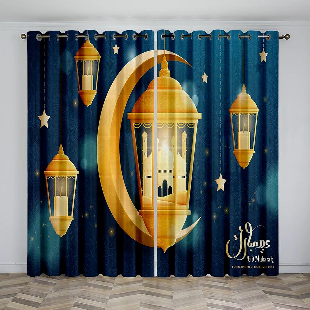 Cheap Gold Black Boho Ramadan Lslamic Muslim Kareem Thin Window Curtain for Living Room Bedroom Decor 2 Pieces Free Shipping