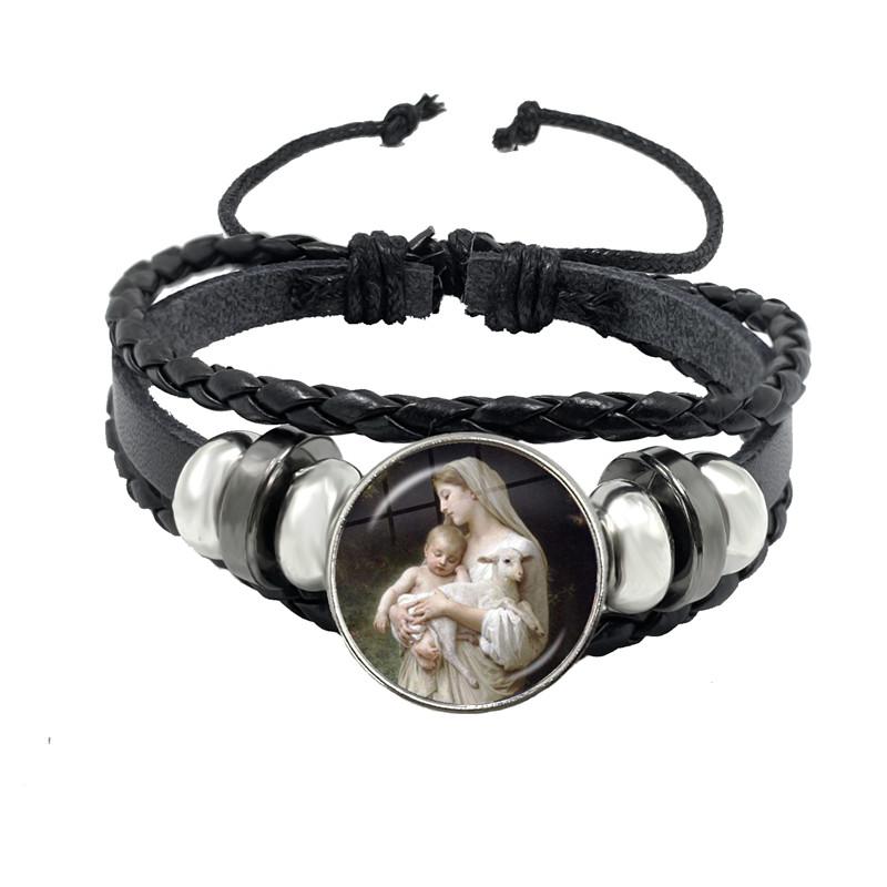 Virgin Mary Baby Jesus Christian Catholicism Jewelry Black Button Leather Bracelet Blessed Mother Religious Glass Cabochon Gift
