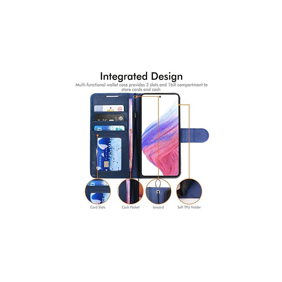 Galaxy A53 5G Leder Wallet Case - Klapphülle mit 3 Kartenfächern, Geldfach, Ständer & Handschlaufe, Magnetisches Blaues PU-Leder