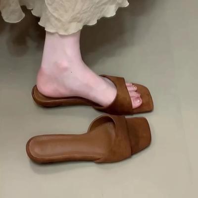 Sheepskin Version~ Simple Square Head Low-heeled Open-toed One-word Slippers for Women's Outer Wear 2025 Summer New Versatile Cool Slippers