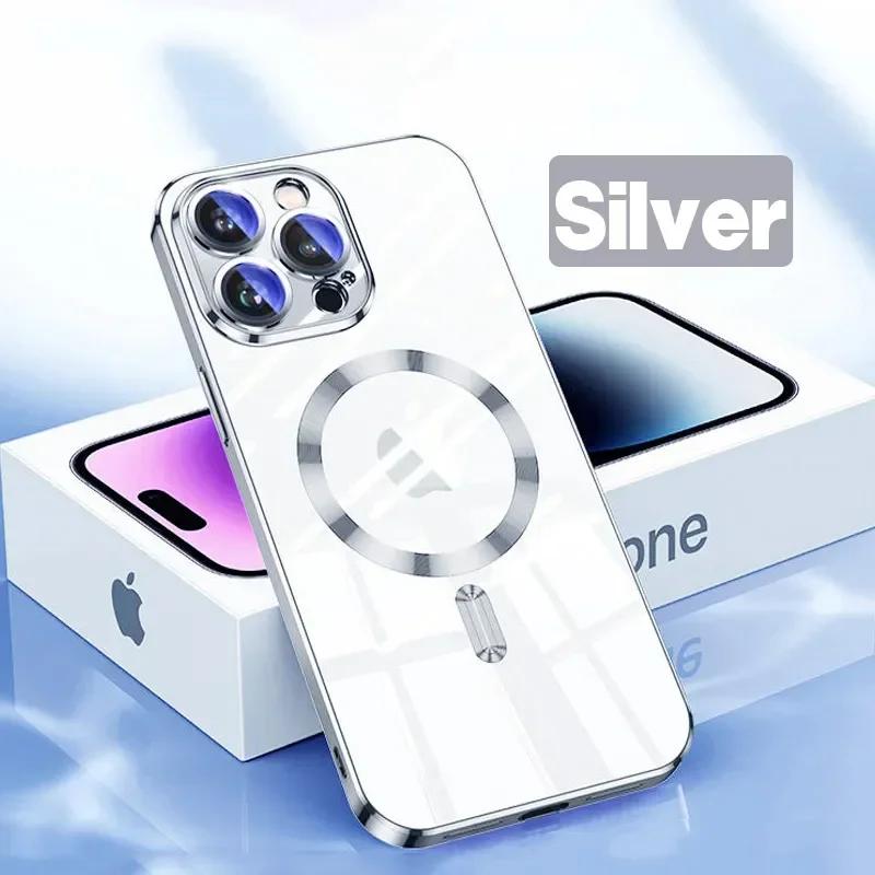 Luxury Wireless Charge Magsafe Phone Case For iPhone 15 14 13 12 11 Pro Max Plus Transparent Magnetic Electroplate Bumper Cover