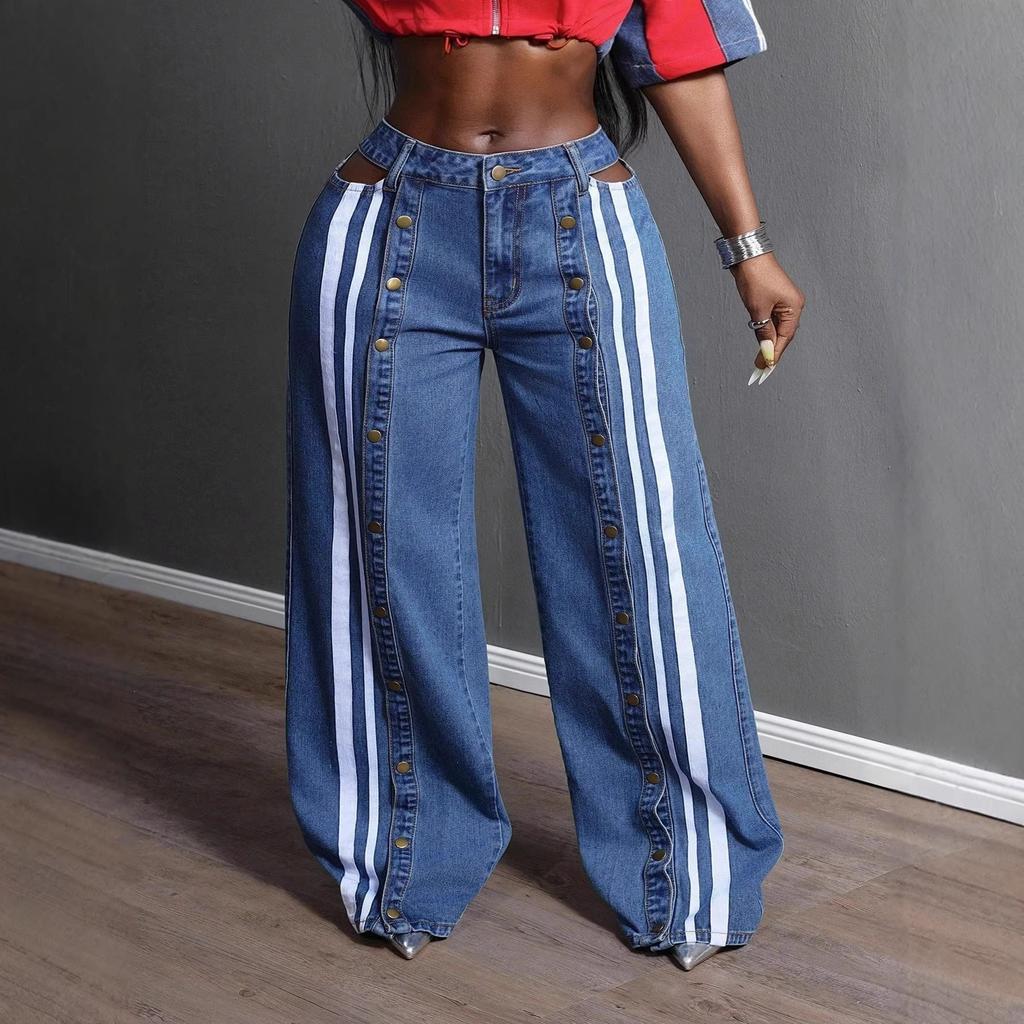 European and American Cross-border Street Fashion Retro Breasted Split Striped Color Matching Jeans Spice Girl Loose Wide-leg Floor Pants