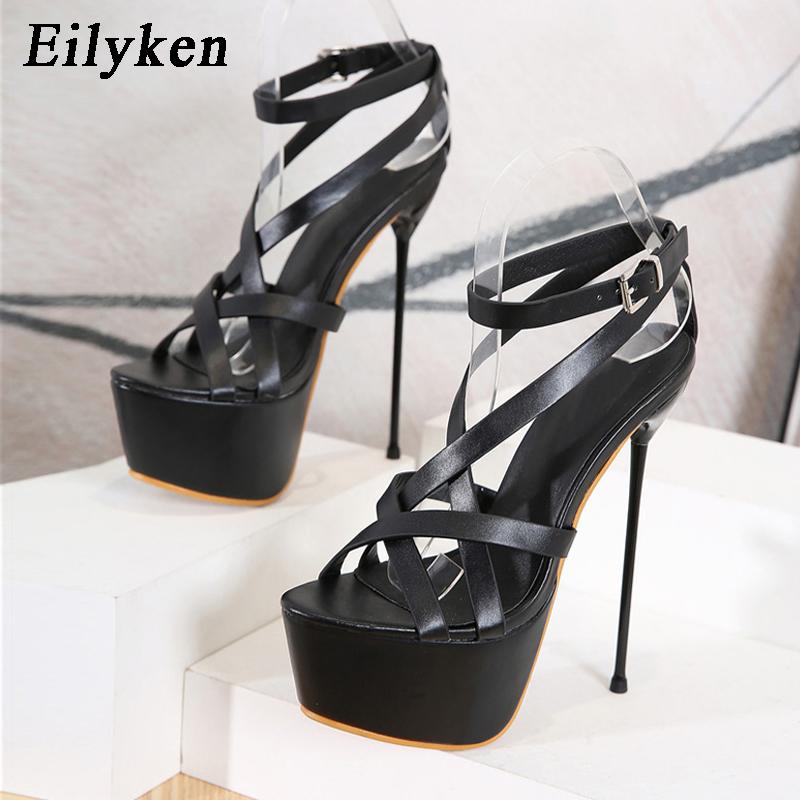 Fashion Eilyken Open Toe Ankle Buckle Strap Women Sandals Pumps Party Platform Club Stiletto High Heels Hollow Out Dress Shoes Black
