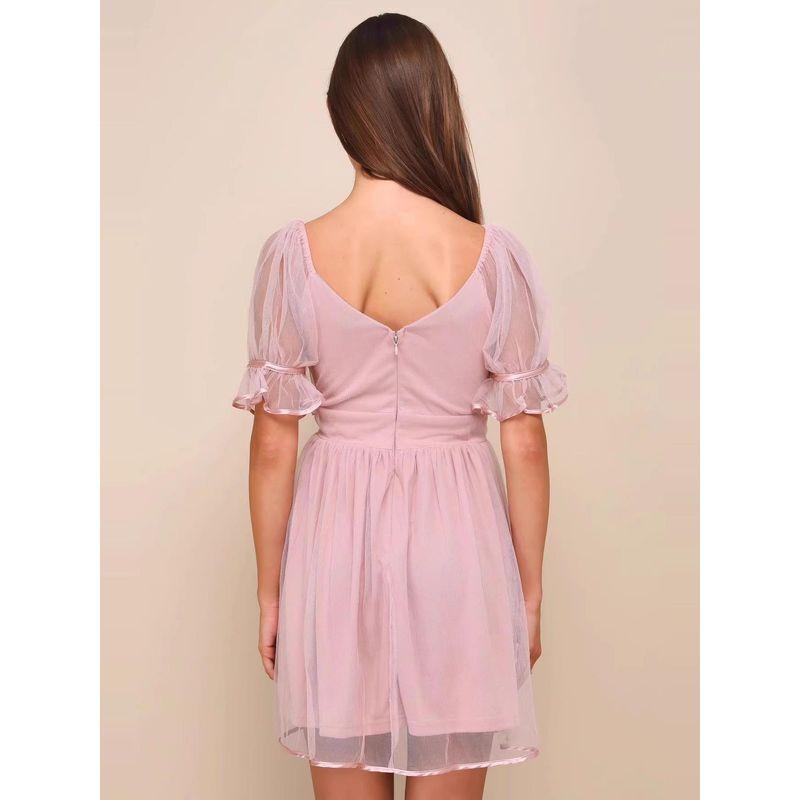 Export Single Lu Home Fairy Mesh Pink and Beautiful Elegance Graceful and Fashionable Short Sleeve Dress Casual Holiday Swing