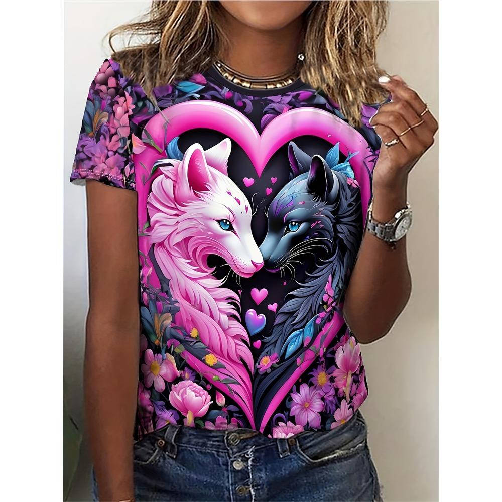 Summer Casual Women's T Shirt Cartoon Cute Cat Printed O Neck Short Sleeve Women's Outdoor Loose TShirt Tops Elegant Clothing