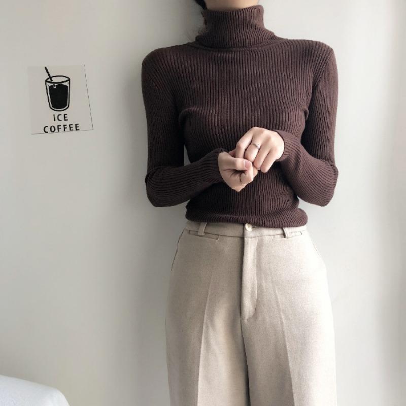 

Осень и зима новый свитер с высоким воротником однотонный топ с длинным рукавом облегающий вязаный свитер модная базовая рубашка женская average size темно-коричневого