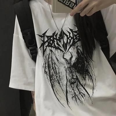 T-shirt d'été Y2K pour femme, imprimé punk, grunge foncé, ample, streetwear, gothique, surdimensionné, unisexe, emo, vêtements pour filles