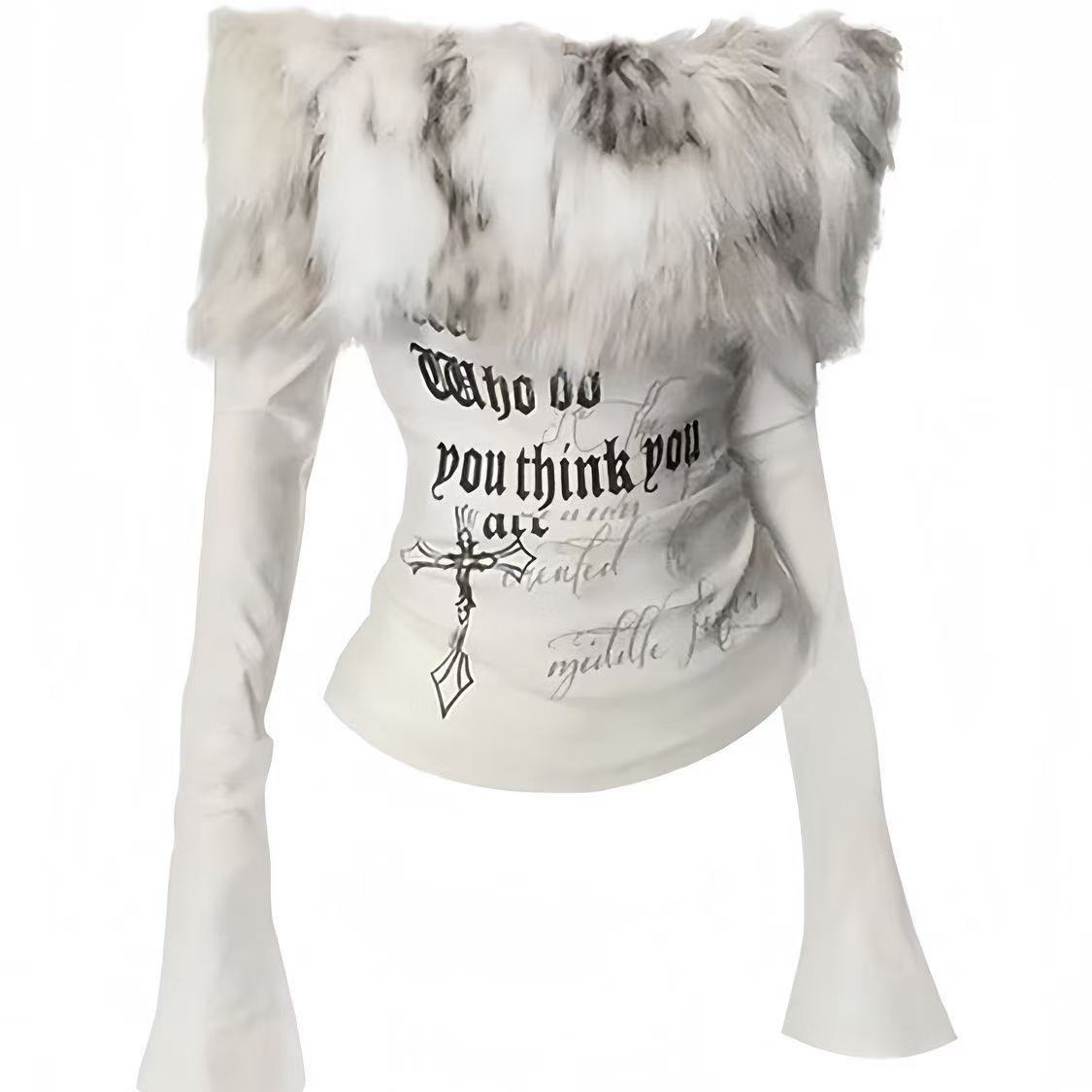 

Американские винтажные меховые топы с принтом для женщин 2000-х годов, футболка на одно плечо, тонкая, милая, для девушек, повседневная, базовая одежда S бежевый