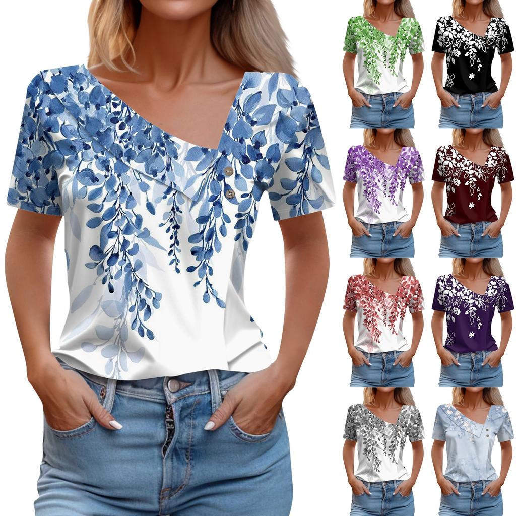 Women's T Shirt Tee Fashion Skew Collar Button-up Vintage Print Short-sleeved Top
