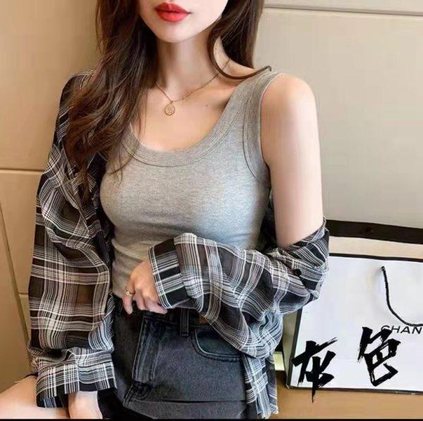 Ice Silk Ribbed Wide Shoulder Women's Camisole - Anti-Exposure Summer Sleeveless Top