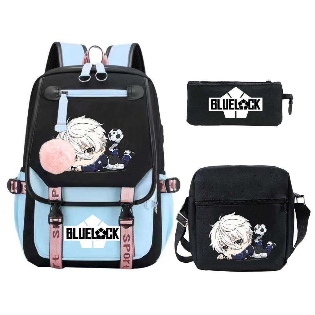 Blue Prison Student School Bag Large Capacity Children'S Shoulder Bag Casual Pencil Bag Set
