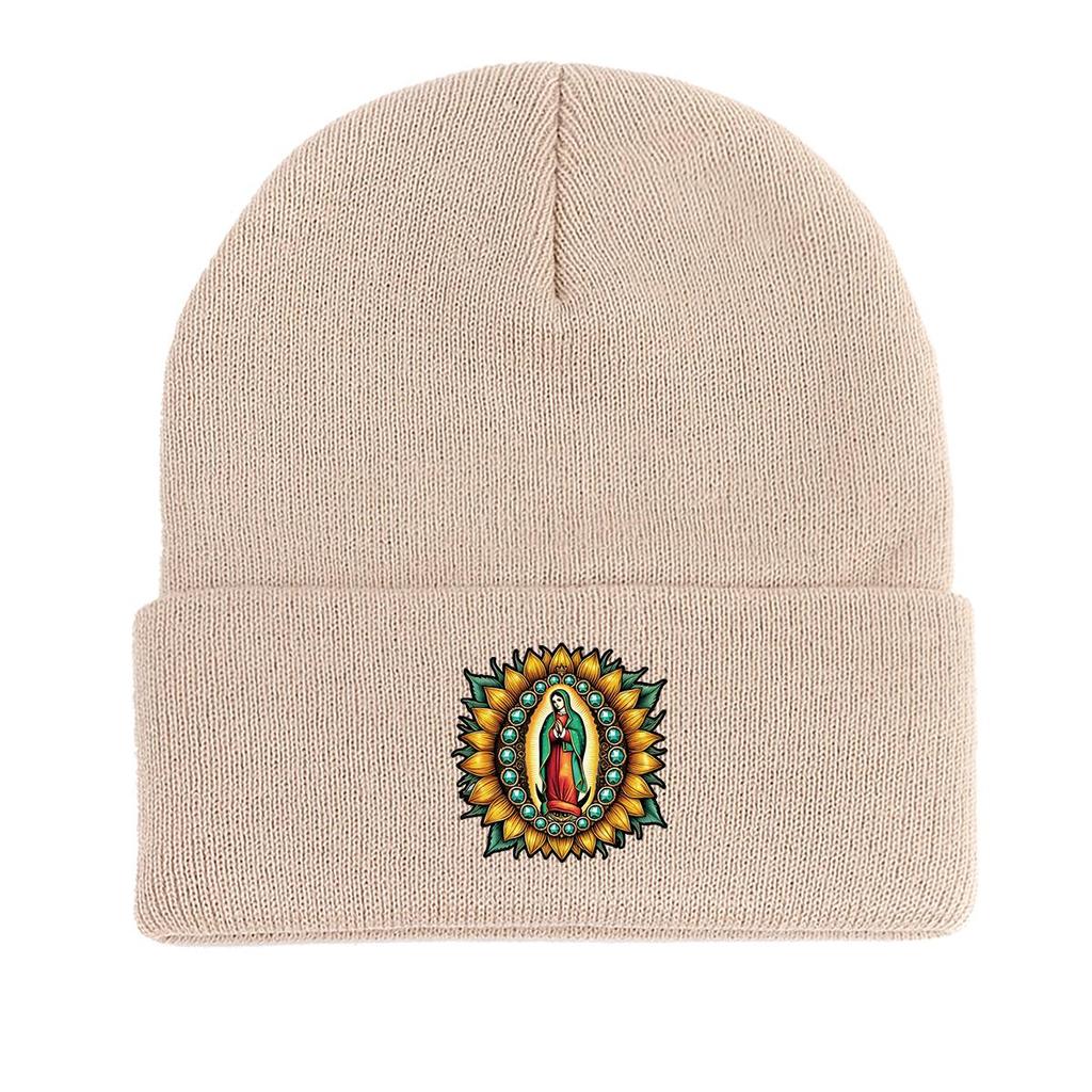 The Virgin Mary Sunflower Warm Knitted Hat Beanie, Woman Cap Cancer Chemo Cuff Solid Pompom Beanies Knit Cap Beanie