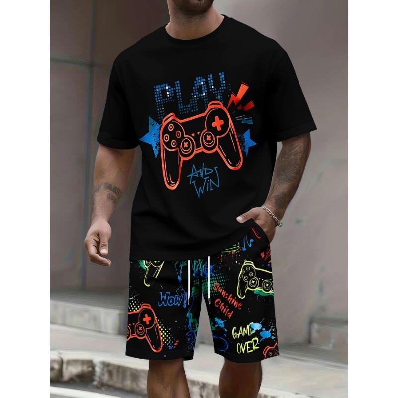 

Colorful video game style short-sleeved shorts suit men s summer game controller printed two-piece trendy set XL