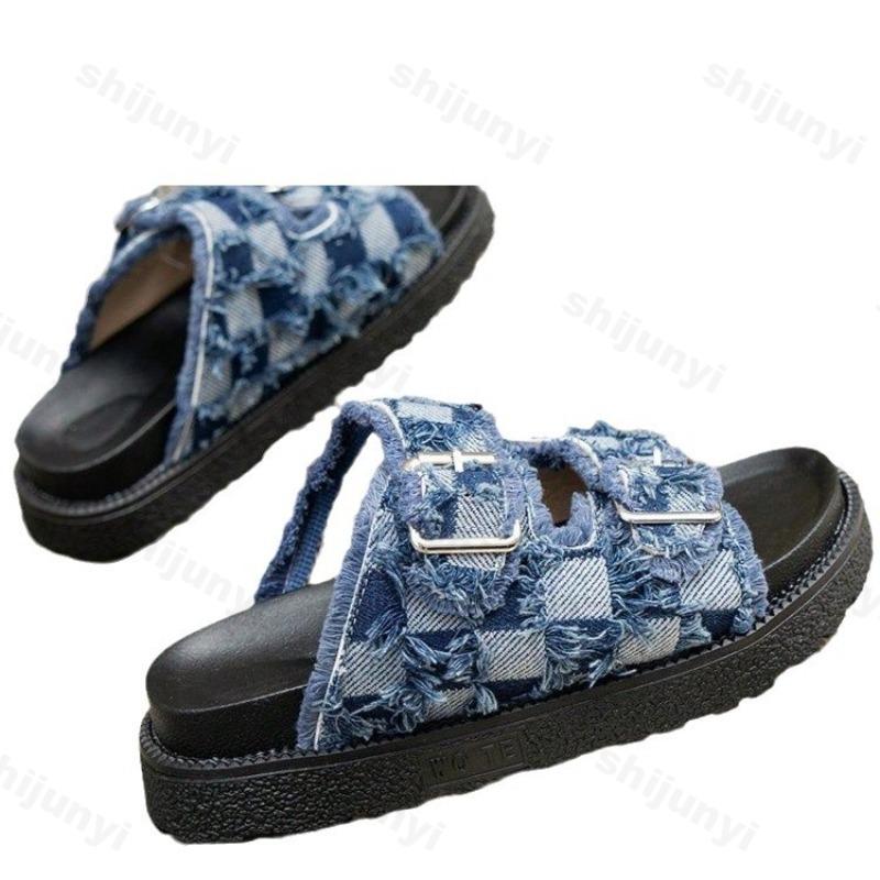 Mode Damenmode Schnallenriemen Denim Karomuster Lässige Flache Slipper 2025 Sommer Offene Zehen Ausgehöhlt Bequem Vielseitige Sandalen