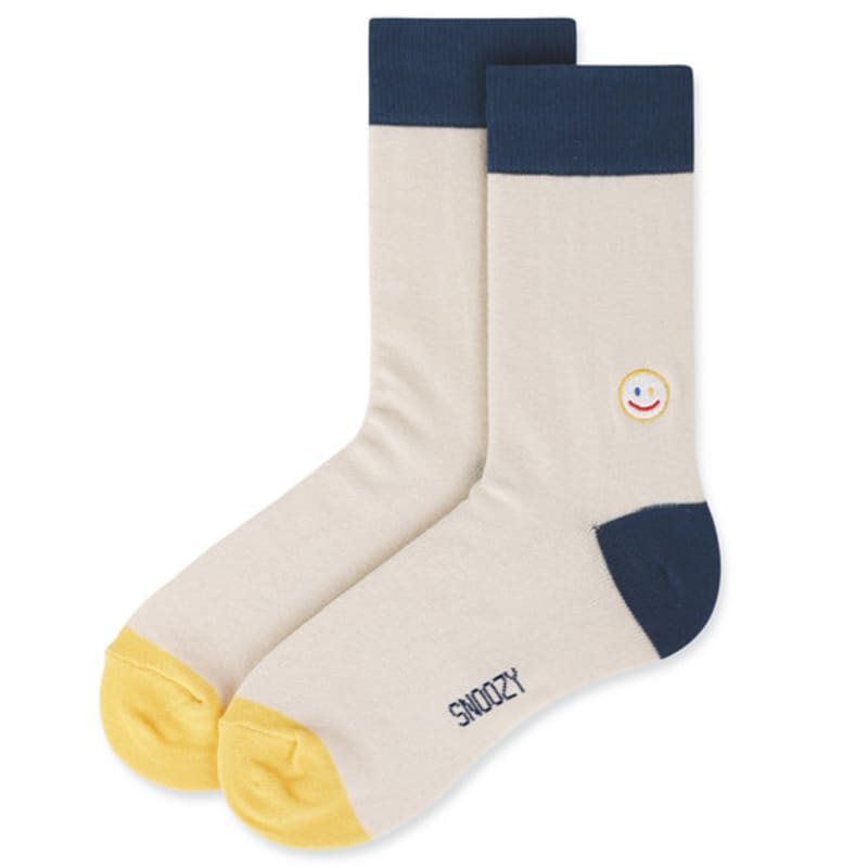 SNOOZY Smile 3 Embroidered Socks (Beige Indigo)