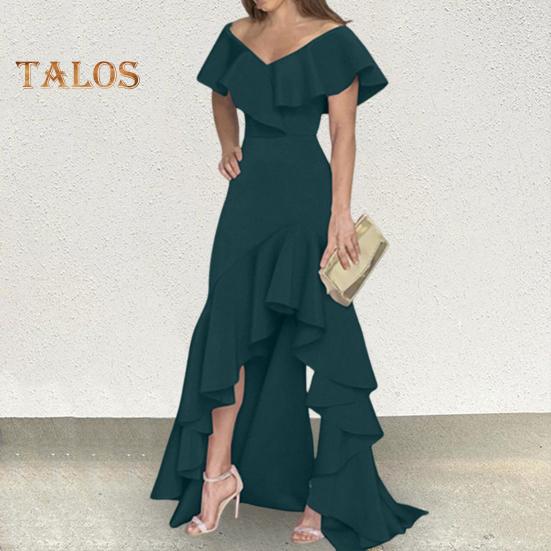 Rochie de seară pentru femei, cu volane, cu decolteu în V, cu tiv neregulat, fără mâneci, lungime la podea, rochie de bal, pentru petrecere, pentru banchet.