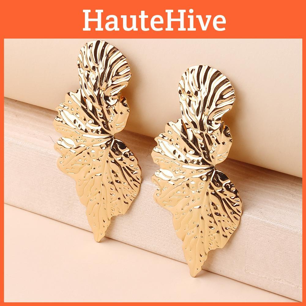 Leaf Metal Earrings With Gold Coating And Bold Design For Gift And Wedding