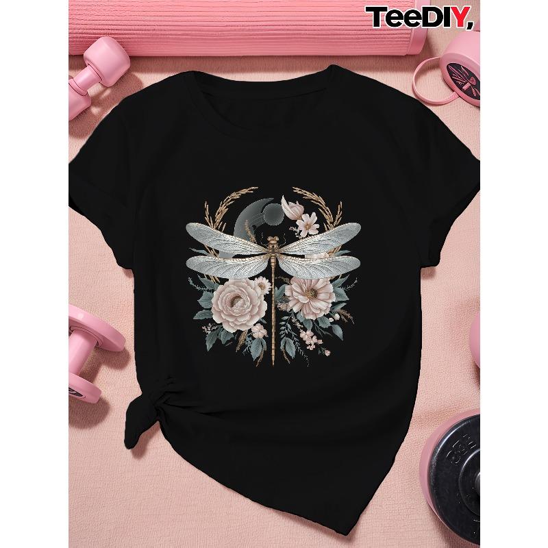 

Women Crew Neck Short Sleeve T-Shirt Easter Bunny Floral Egg Dragonfly Print Pastel Color Spring Easter Party Casual Sports Top 4XL чорний