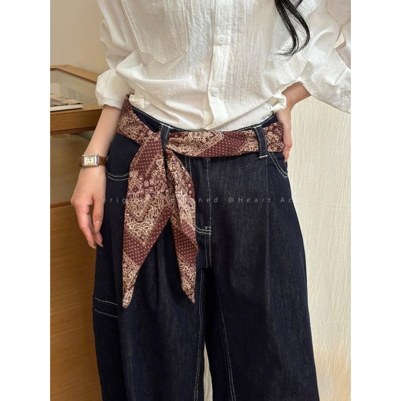 Vintage Brown Cashew Flower Long Scarf for Women, Fashionable and High-end, with Belt Decoration and Niche Design, Waist Accessory