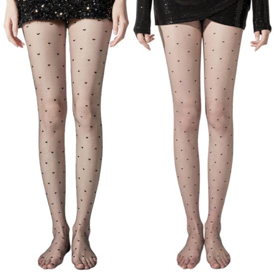 Yousheng Women Pantyhose Dot Heart Print Ultra-thin See-through High Elasticity Anti-slip Solid Color Commute Dating Party Mini Skirt Matching Hosiery