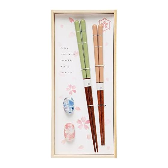 Paulownia Box Gift Set: Chopsticks and Chopstick Rests - Silver Thread Wakasa-nuri Chopsticks, Natural Wood with Polyester Urethane Coating, Old