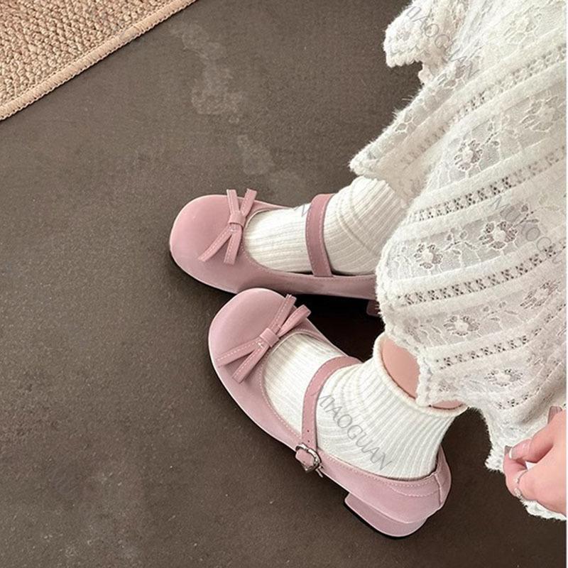 Fashion Bow Shallow Mouth Cute Pumps Spring Autumn Temperament Thick Middle Heel Mary Janes Shoes Solid Round Toe Suede Pumps for Women