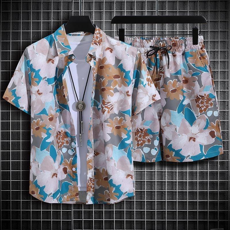 Set Camicia a Maniche Corte con Stampa Hawaiana alla Moda Uomo Abito Due Pezzi