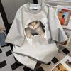 Cotton Cat Print Summer Short-sleeved T-shirt Women's Loose Casual and Thin Versatile Crew Neck Couple Heavy Ins